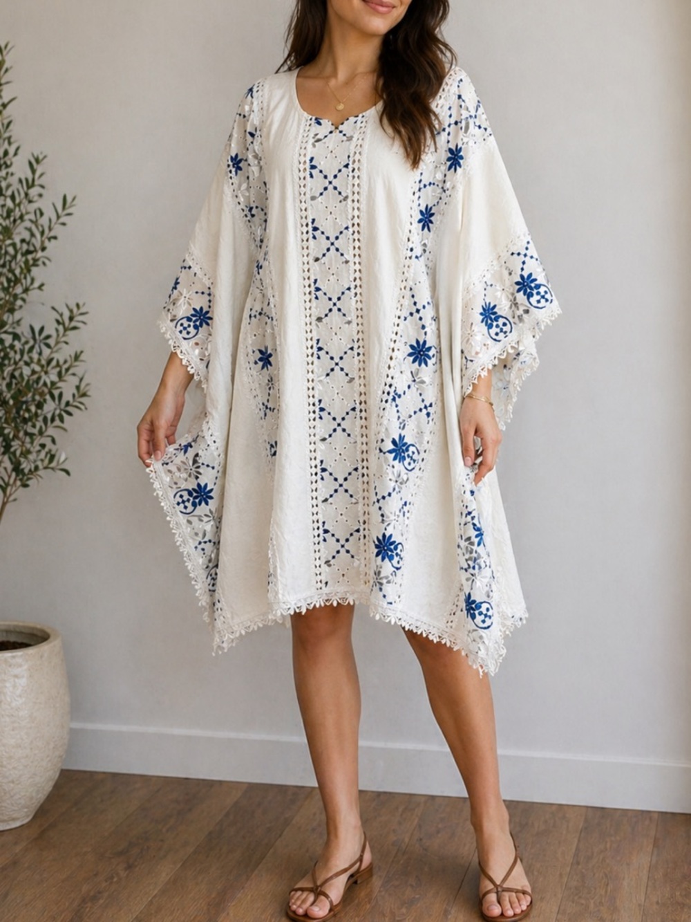 Upcycled White Blue Embroidered Kaftan Coverup with Lace Floral Details OS